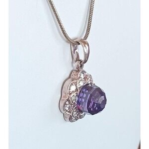 Vintage Sterling Purple Crystal Disco Bead Ball Necklace Pendant 17" Chain Silve